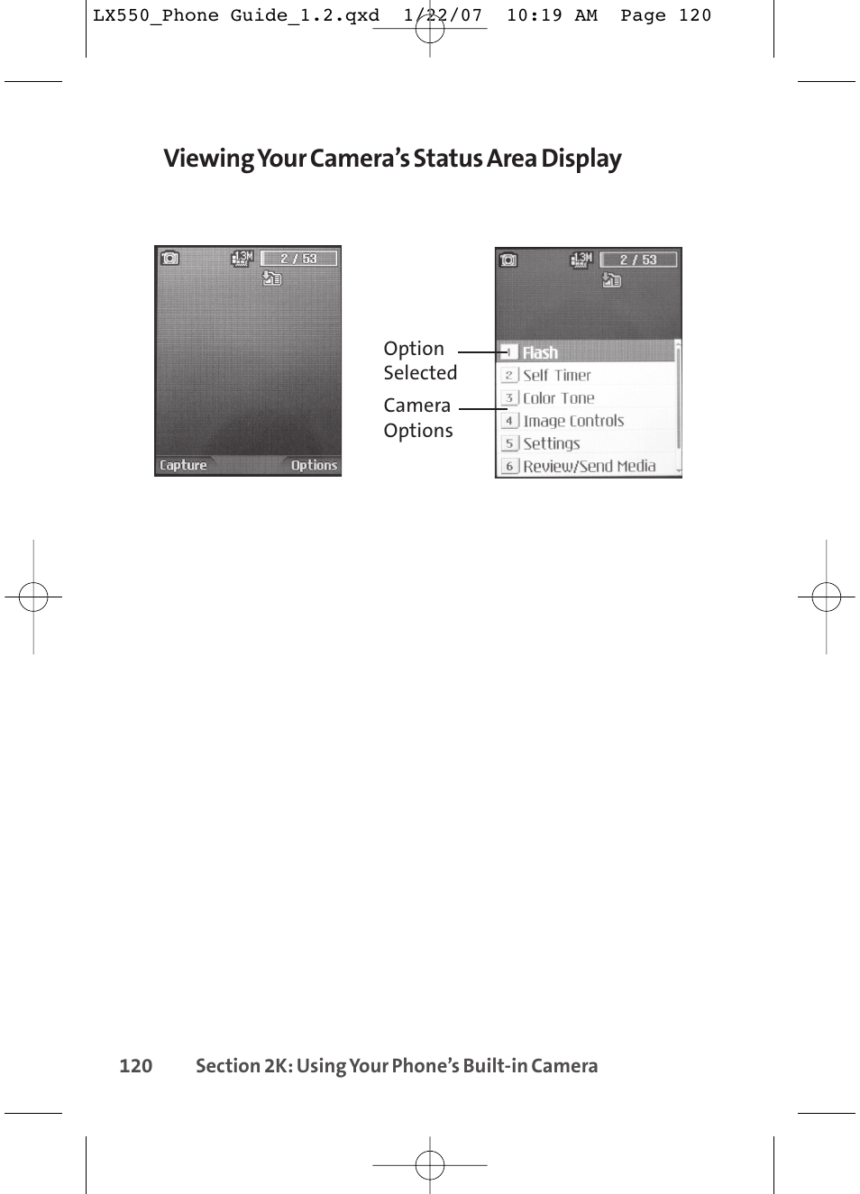 Viewing your camera’s status area display | LG LX550 User Manual | Page 134 / 194