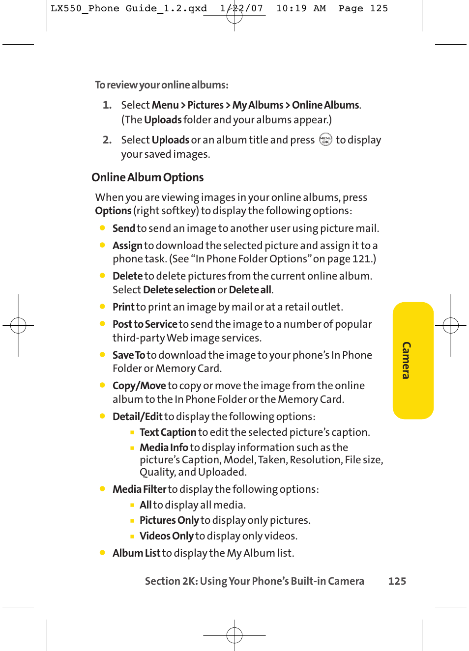 Online album options, Ca m er a | LG LX550 User Manual | Page 139 / 194