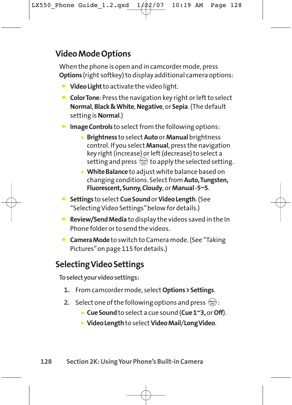 Video mode options, Selecting video settings | LG LX550 User Manual | Page 142 / 194