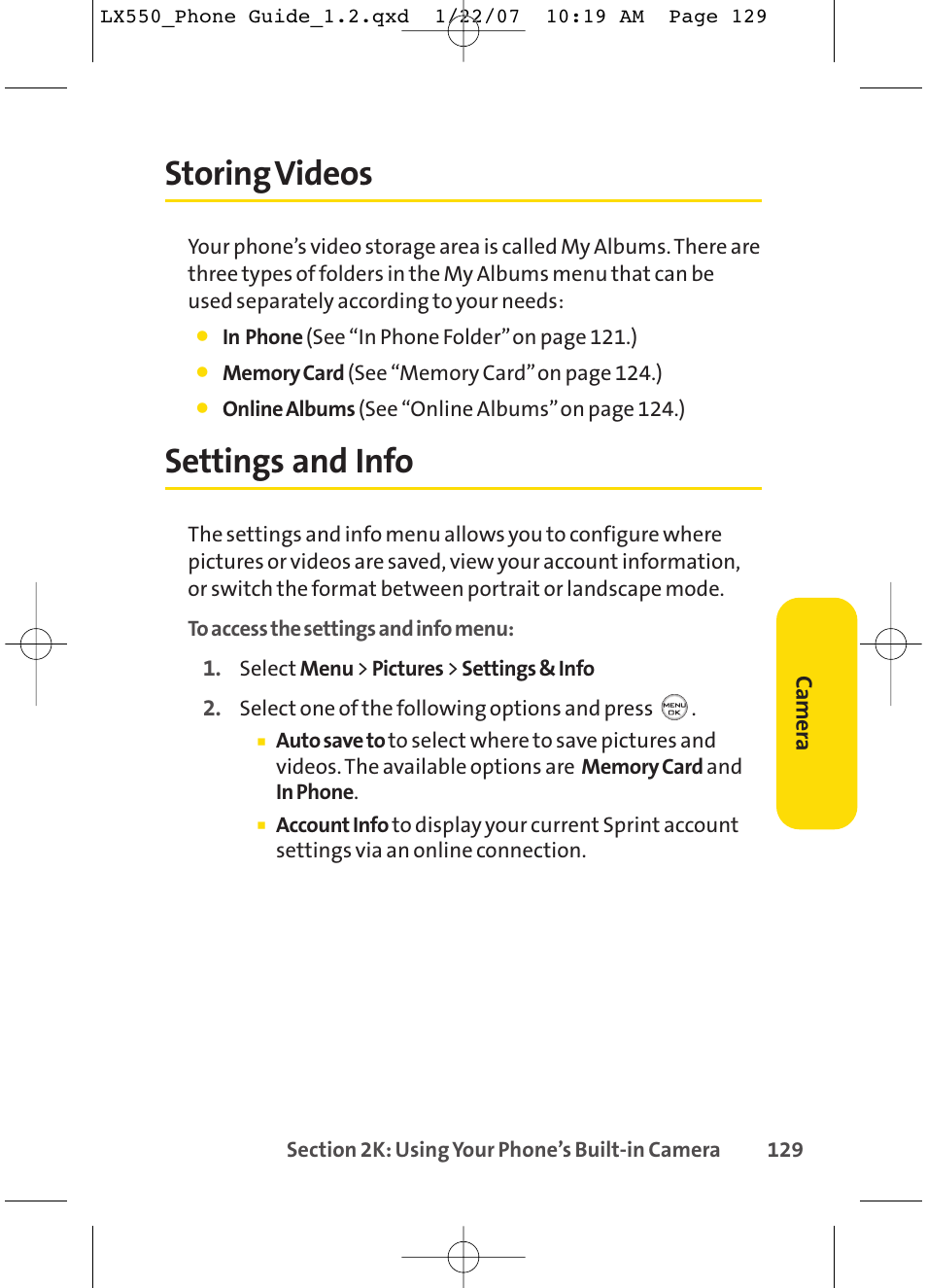 Storingvideos, Settings and info | LG LX550 User Manual | Page 143 / 194