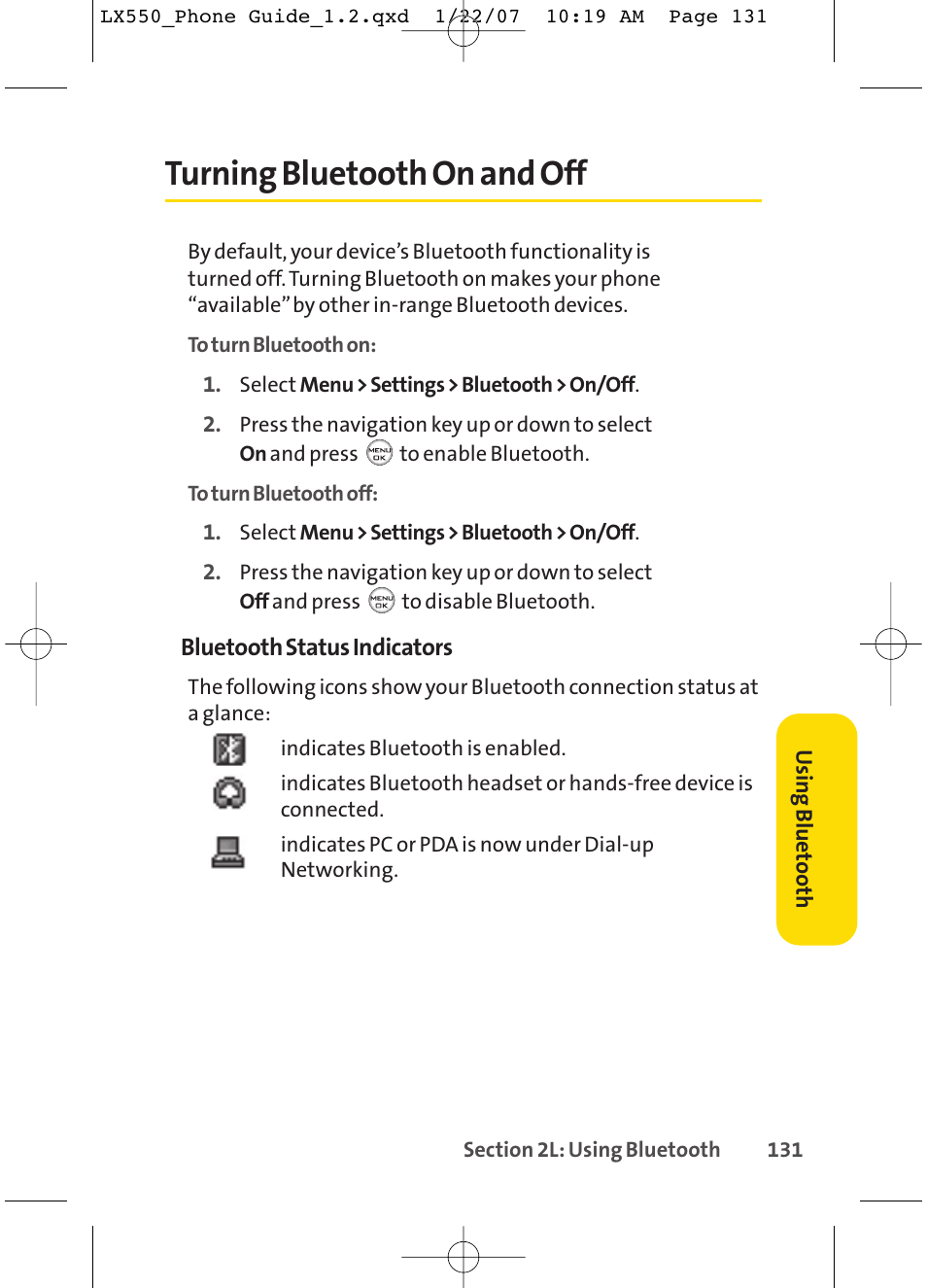 Turning bluetooth on and off | LG LX550 User Manual | Page 145 / 194