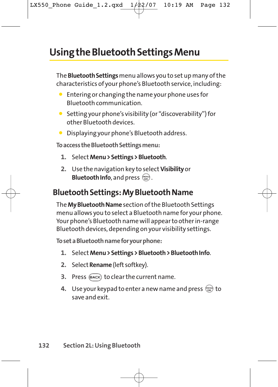 Using the bluetooth settings menu, Bluetooth settings: my bluetooth name | LG LX550 User Manual | Page 146 / 194