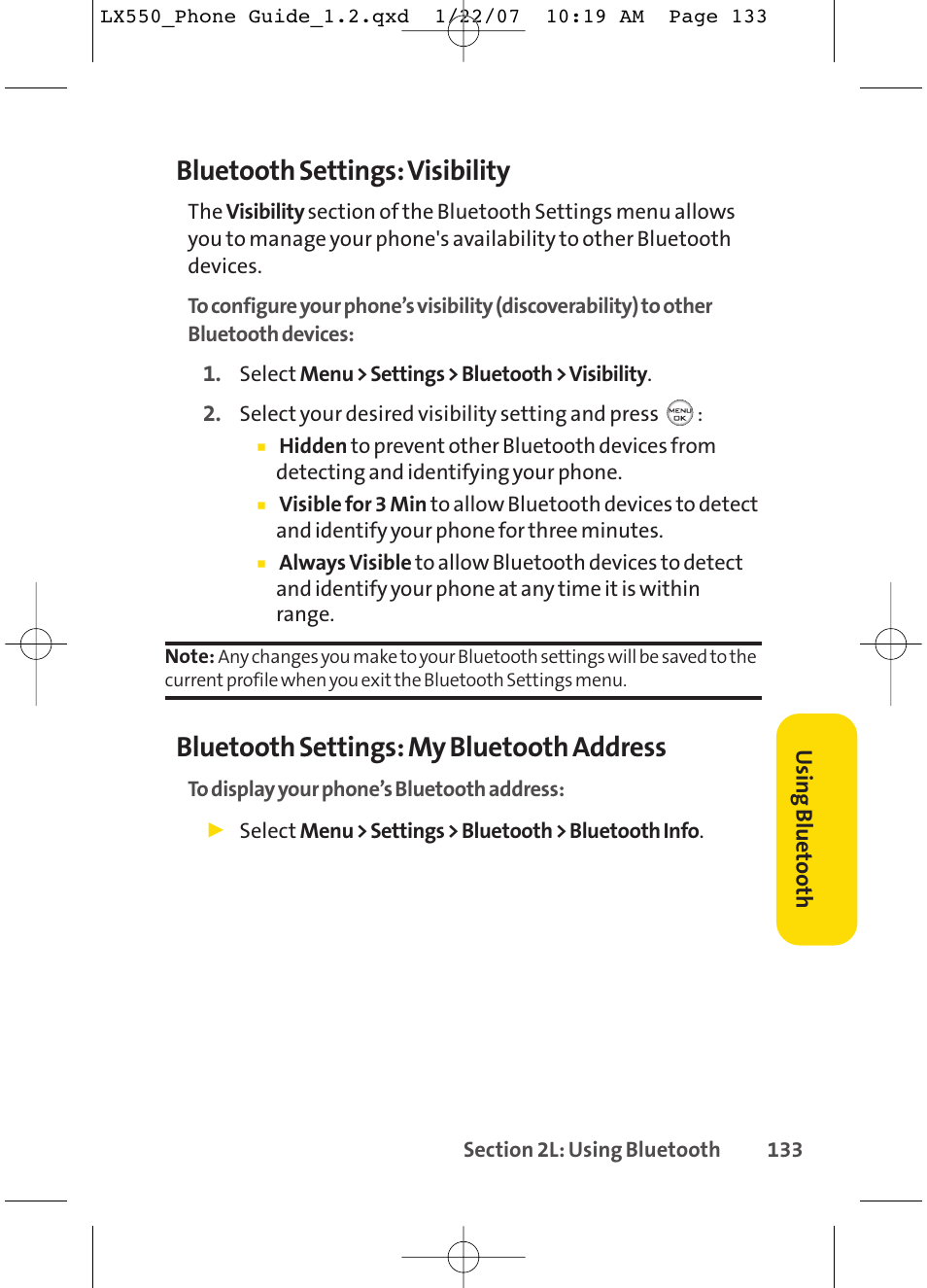 Bluetooth settings: visibility, Bluetooth settings: my bluetooth address | LG LX550 User Manual | Page 147 / 194