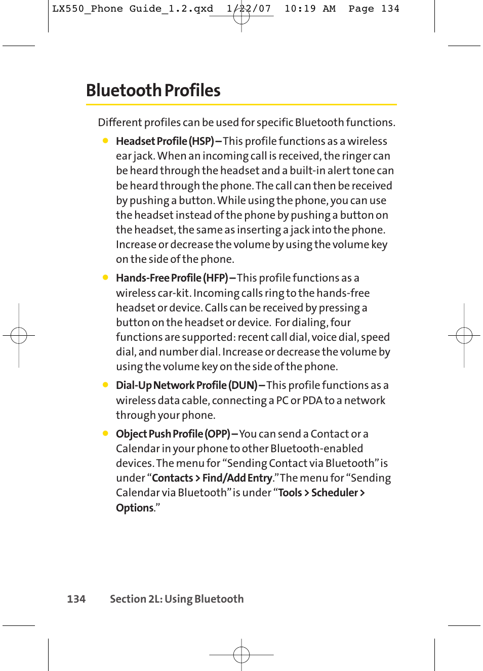 Bluetooth profiles | LG LX550 User Manual | Page 148 / 194