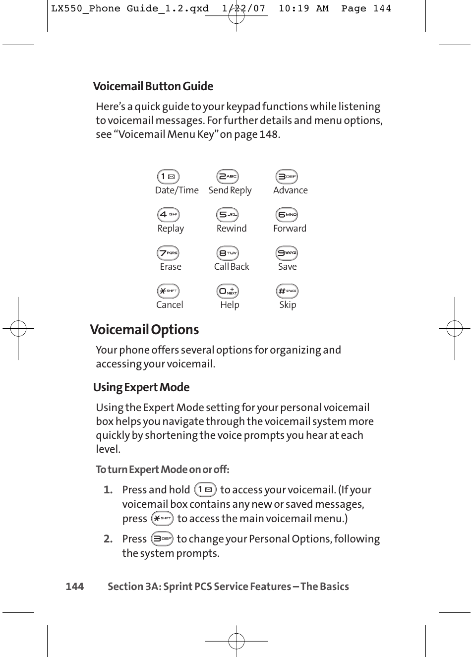 Voicemail options, Voicemail button guide, Using expert mode | LG LX550 User Manual | Page 158 / 194