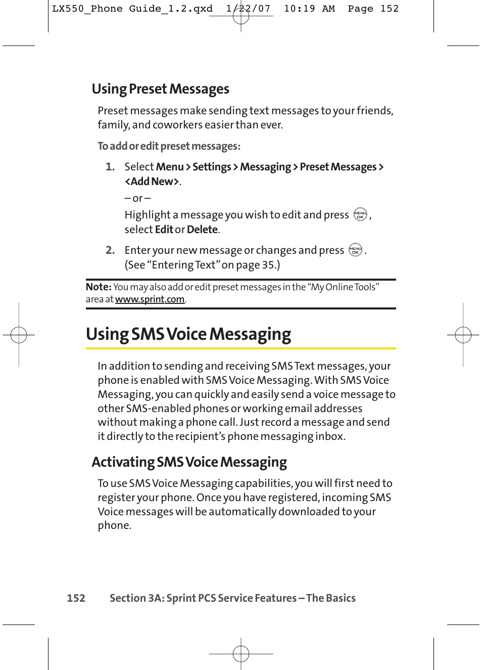 Using sms voice messaging, Using preset messages, Activating sms voice messaging | LG LX550 User Manual | Page 166 / 194