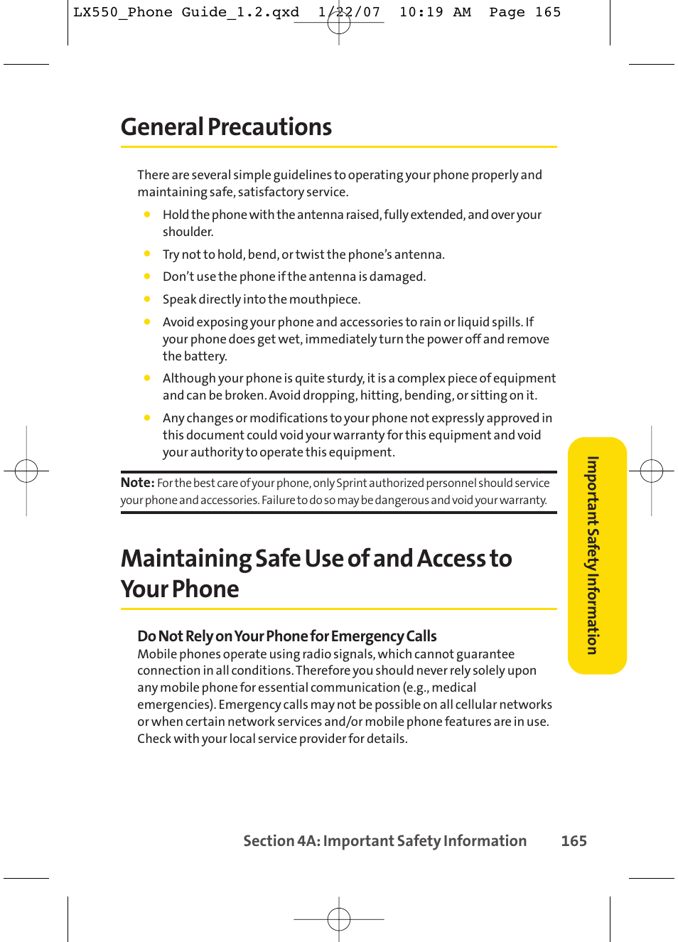 General precautions, Maintaining safe use of and access to your phone, Do not rely on your phone for emergency calls | Impor tan t saf ety inf orma tion | LG LX550 User Manual | Page 179 / 194