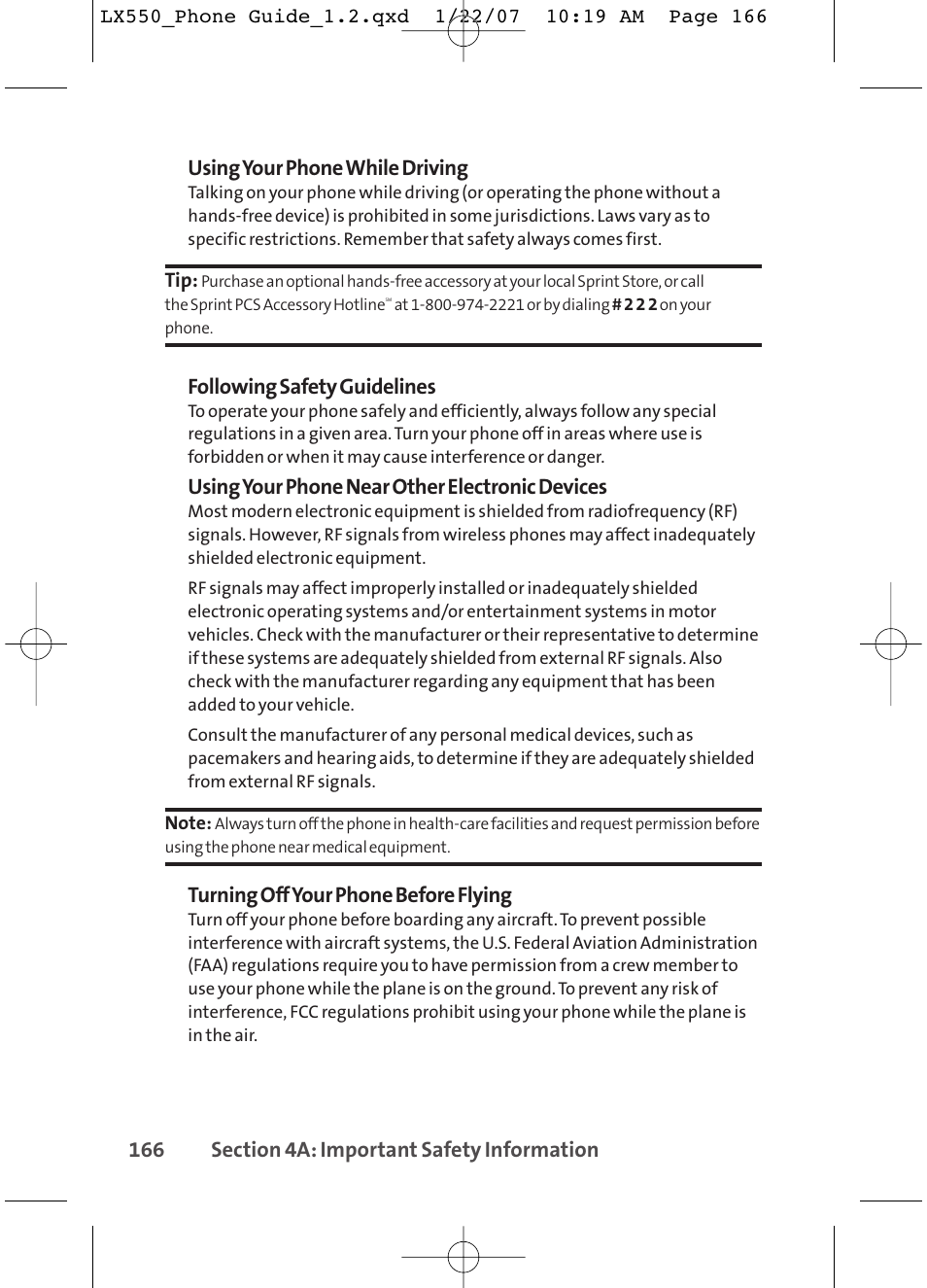 Following safety guidelines, Using your phone near other electronic devices, Turning off your phone before flying | LG LX550 User Manual | Page 180 / 194