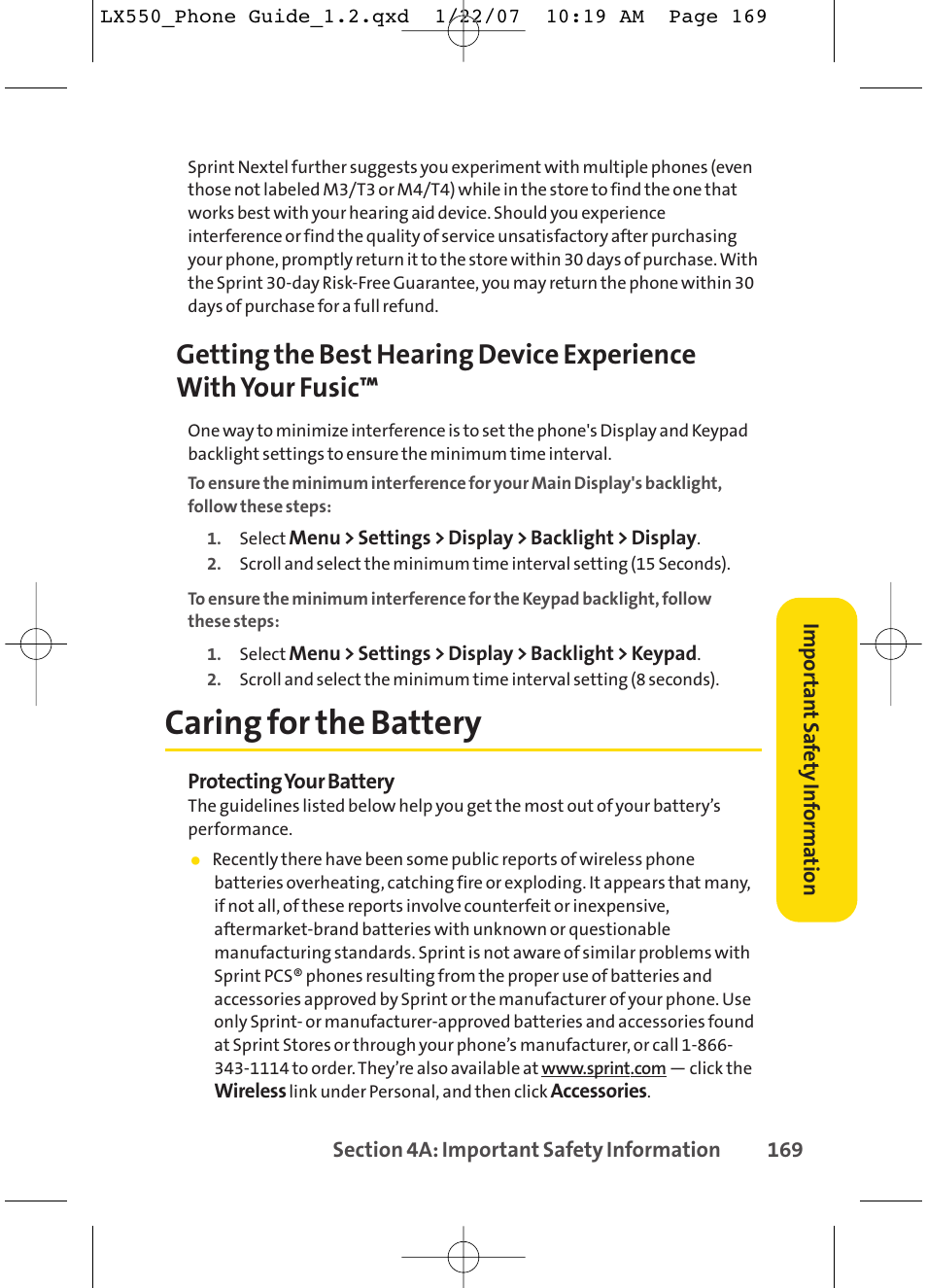 Caring for the battery | LG LX550 User Manual | Page 183 / 194