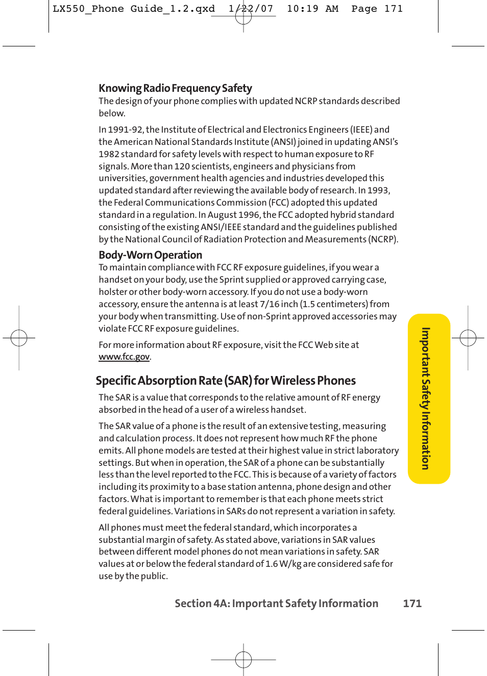 Specific absorption rate (sar) for wireless phones | LG LX550 User Manual | Page 185 / 194