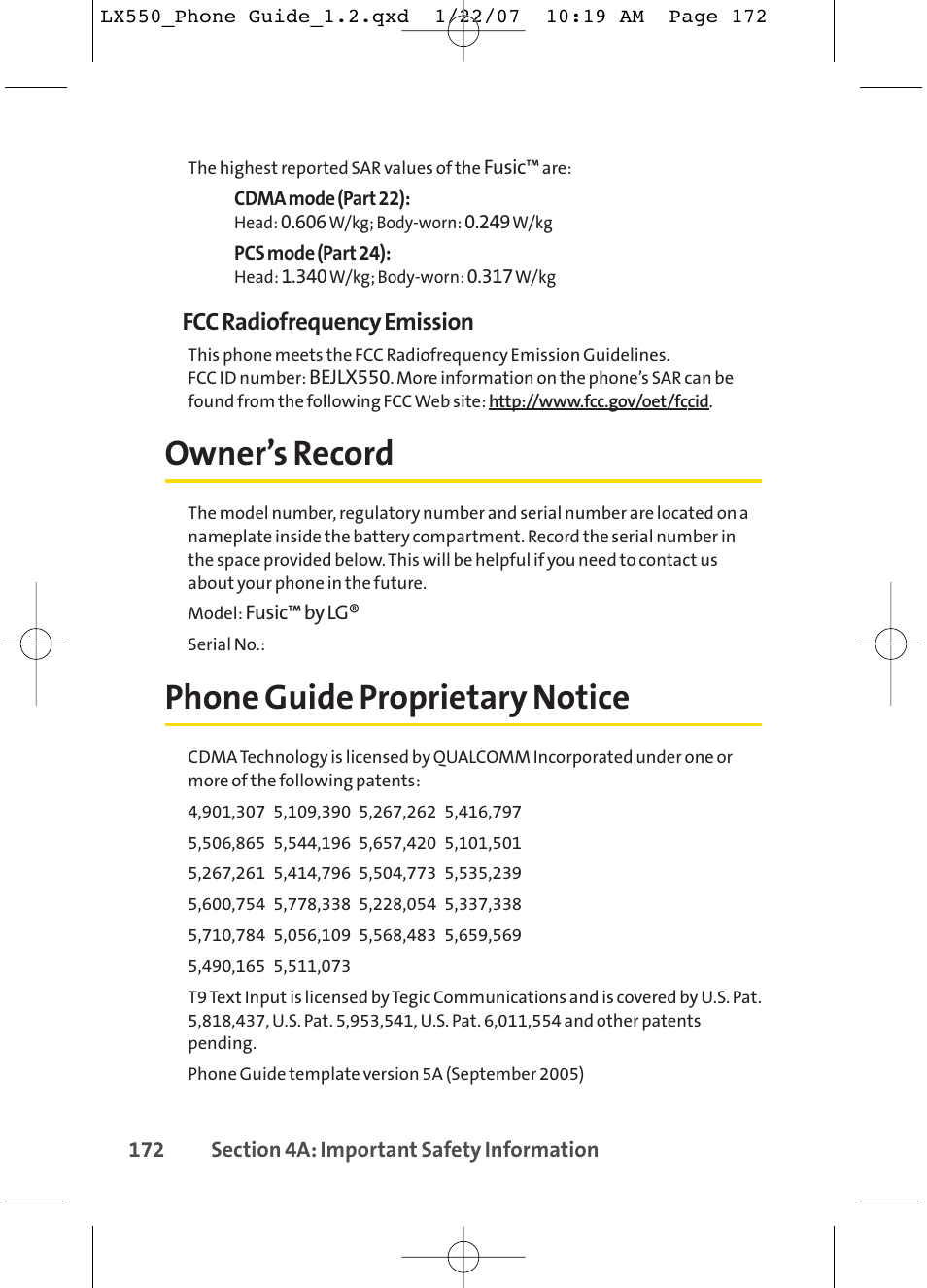 Owner’s record, Phone guide proprietary notice, Fcc radiofrequency emission | LG LX550 User Manual | Page 186 / 194