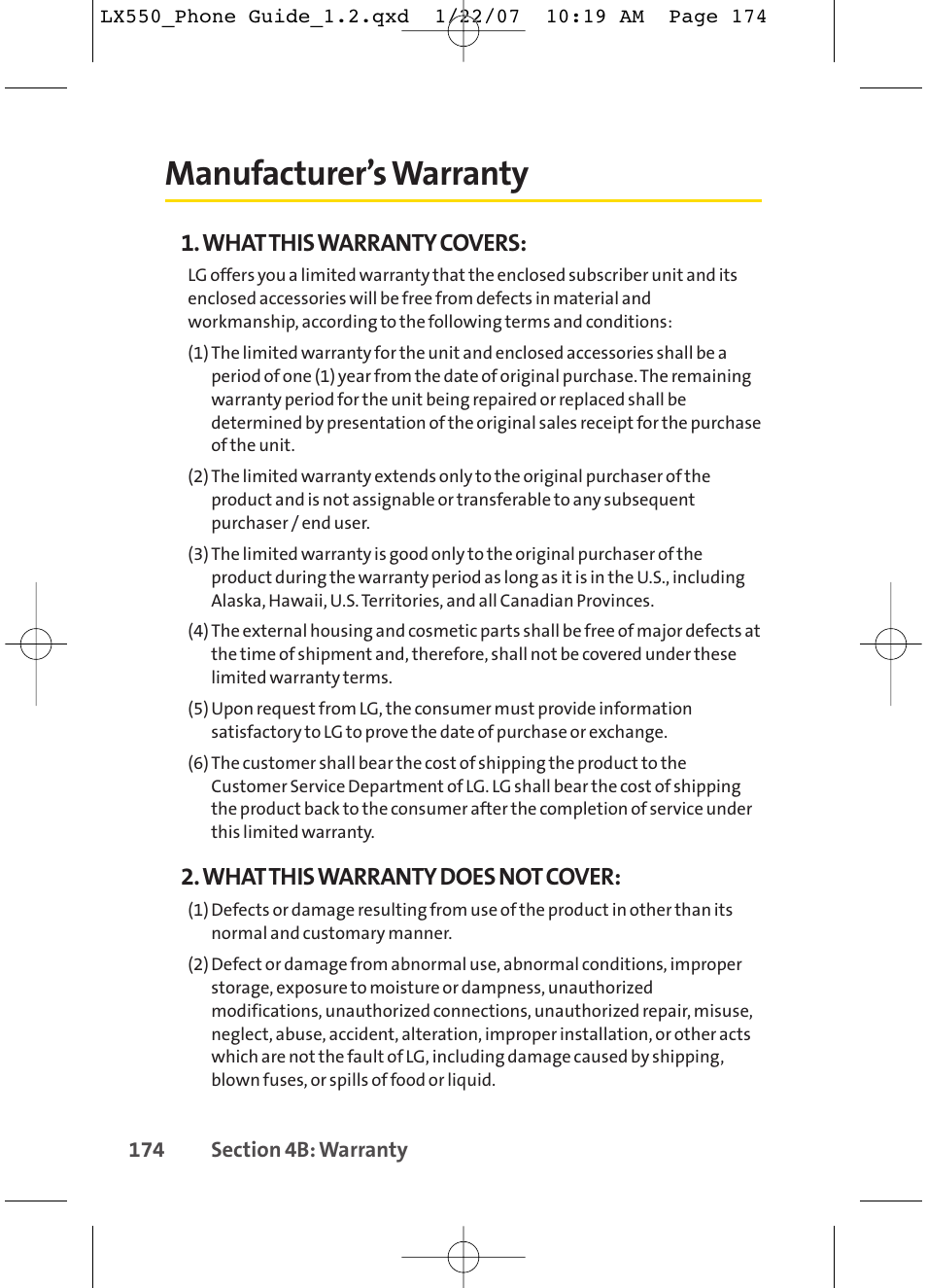 Manufacturer’s warranty, What this warranty covers, What this warranty does not cover | LG LX550 User Manual | Page 188 / 194