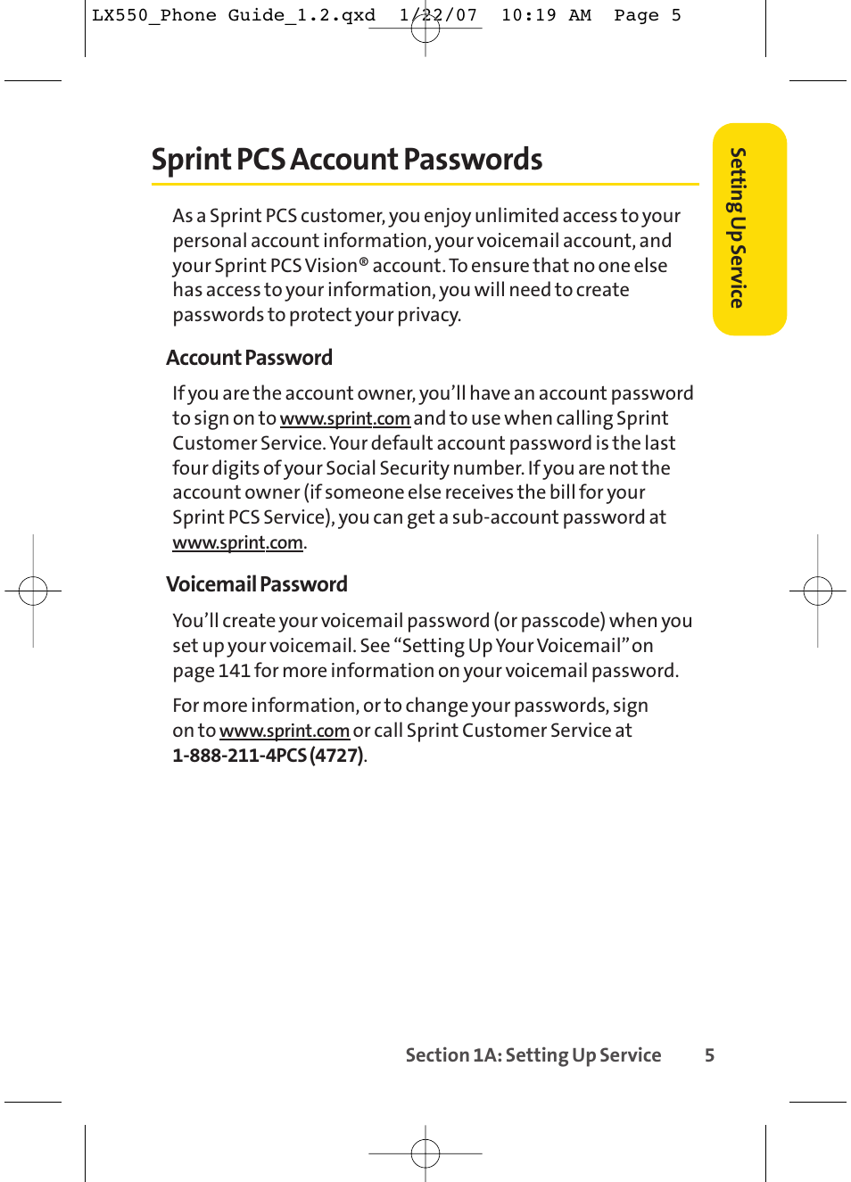 Sprint pcs account passwords | LG LX550 User Manual | Page 19 / 194