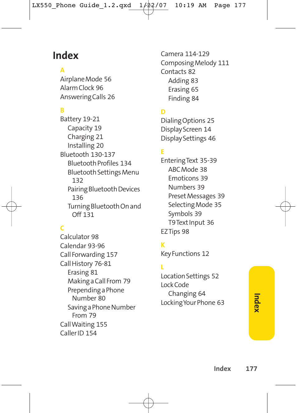 Index, Inde x | LG LX550 User Manual | Page 191 / 194