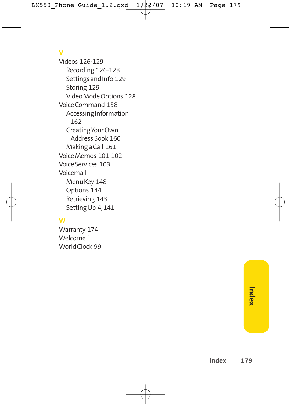 Inde x | LG LX550 User Manual | Page 193 / 194