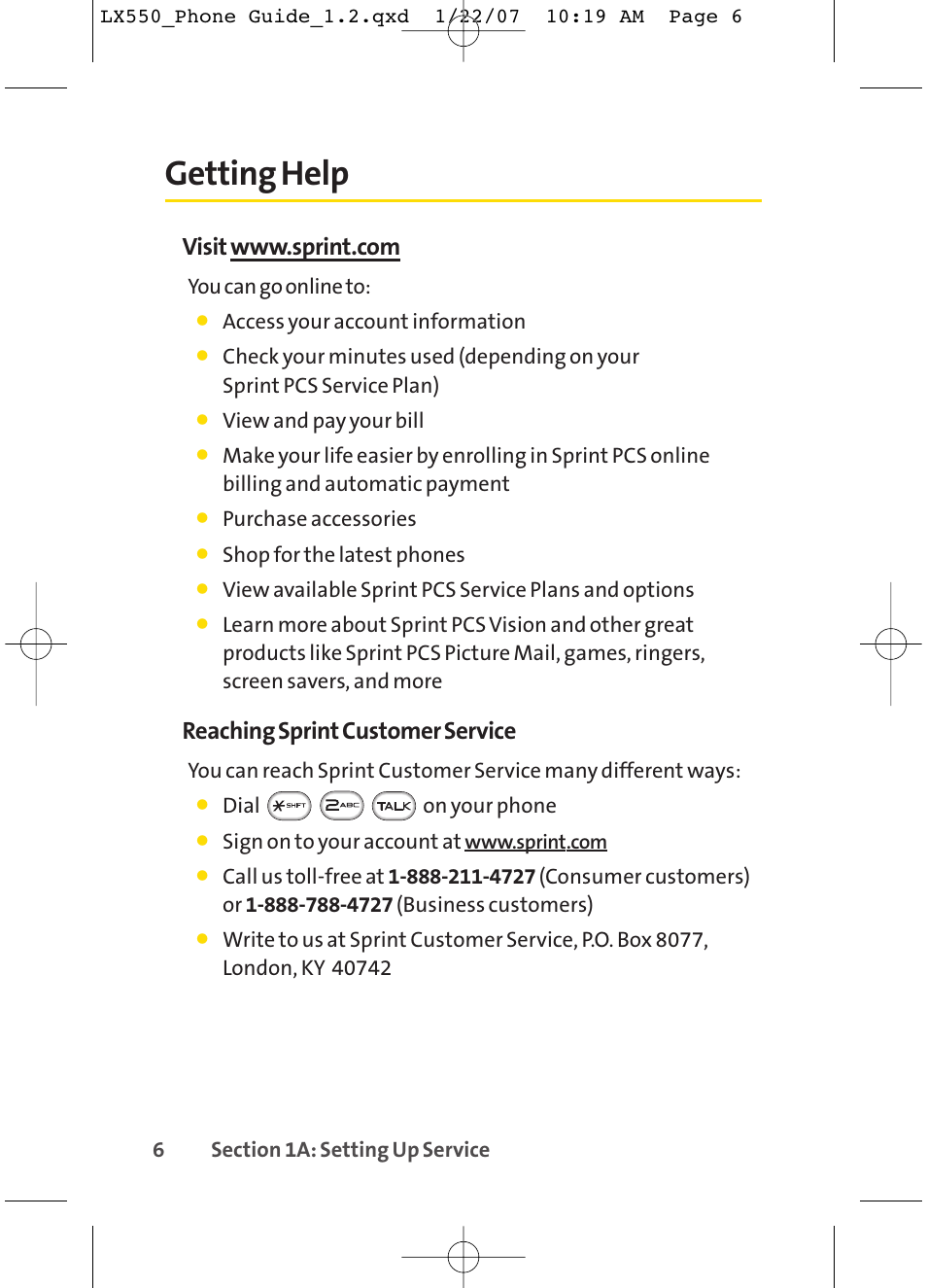 Getting help, Reaching sprint customer service | LG LX550 User Manual | Page 20 / 194