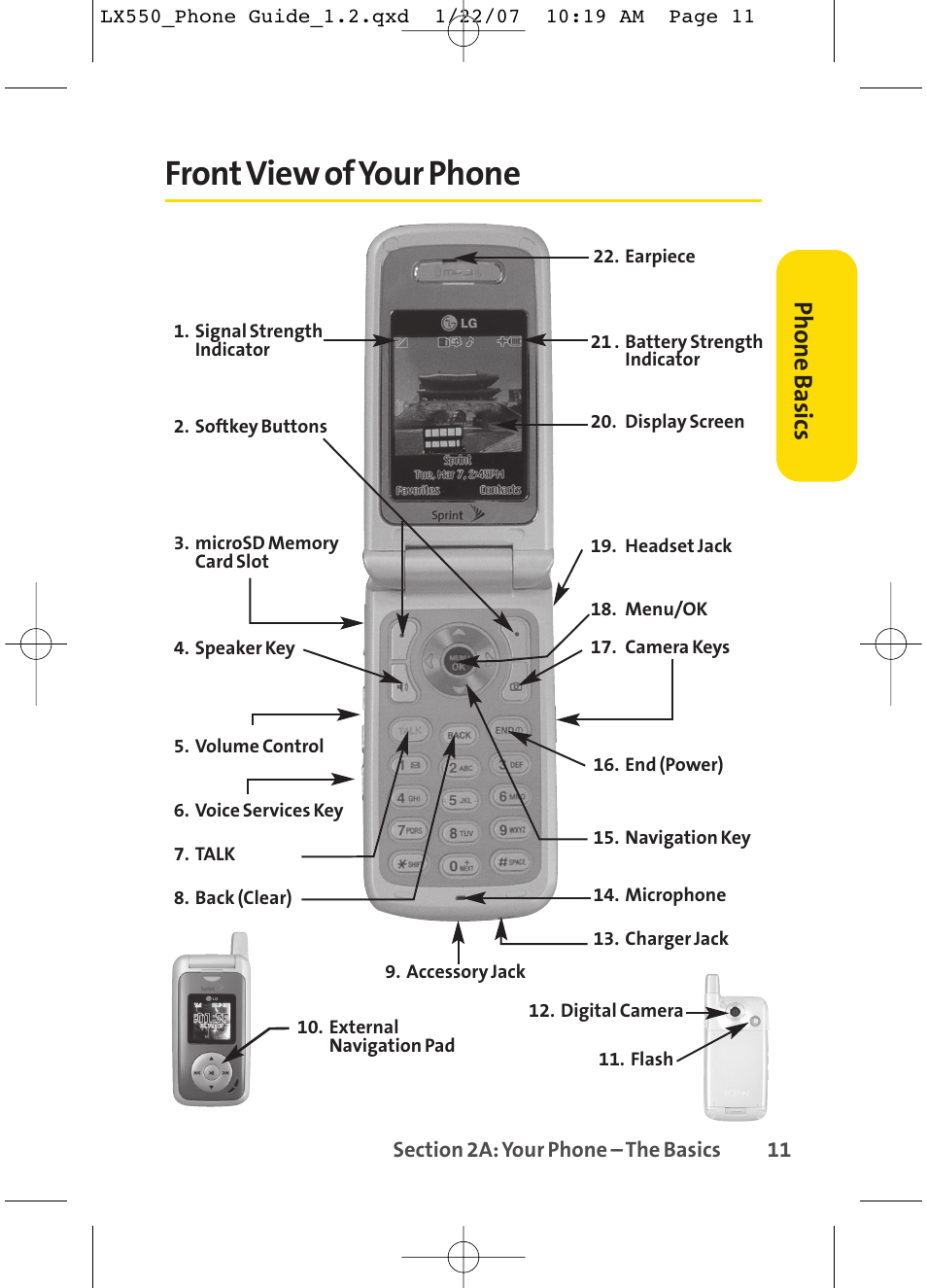 Front view of your phone, Phone basics | LG LX550 User Manual | Page 25 / 194