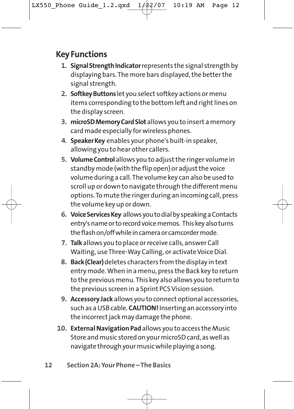 Key functions | LG LX550 User Manual | Page 26 / 194