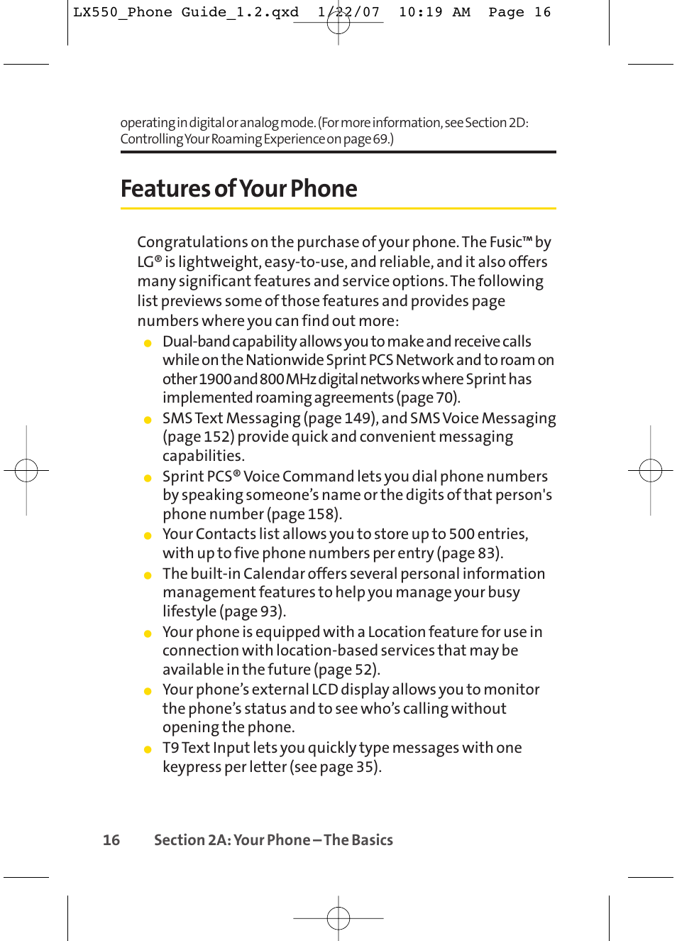 Features of your phone | LG LX550 User Manual | Page 30 / 194