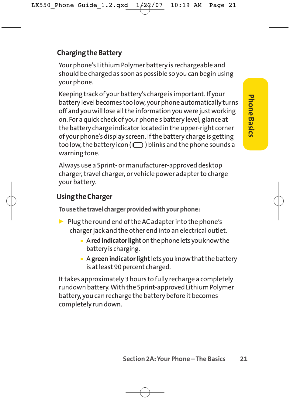 Phone basics, Charging the battery, Using the charger | LG LX550 User Manual | Page 35 / 194