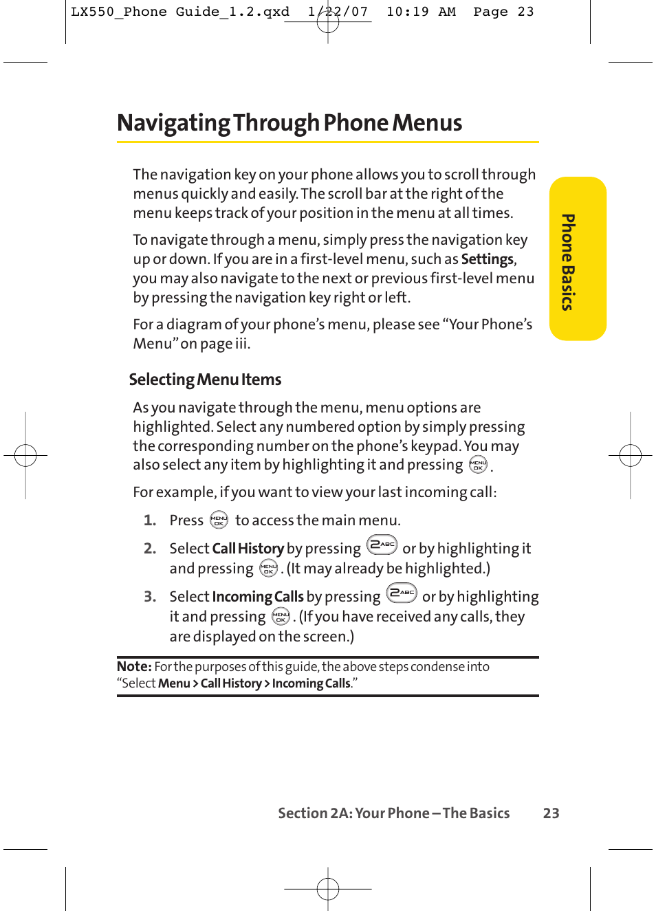 Navigating through phone menus, Phone basics | LG LX550 User Manual | Page 37 / 194