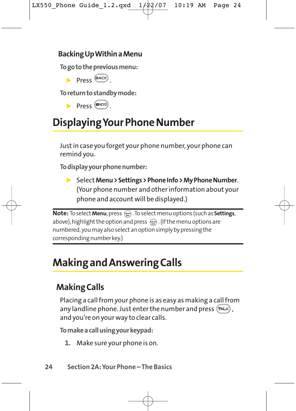 Displayingyour phone number, Making and answering calls, Making calls | LG LX550 User Manual | Page 38 / 194