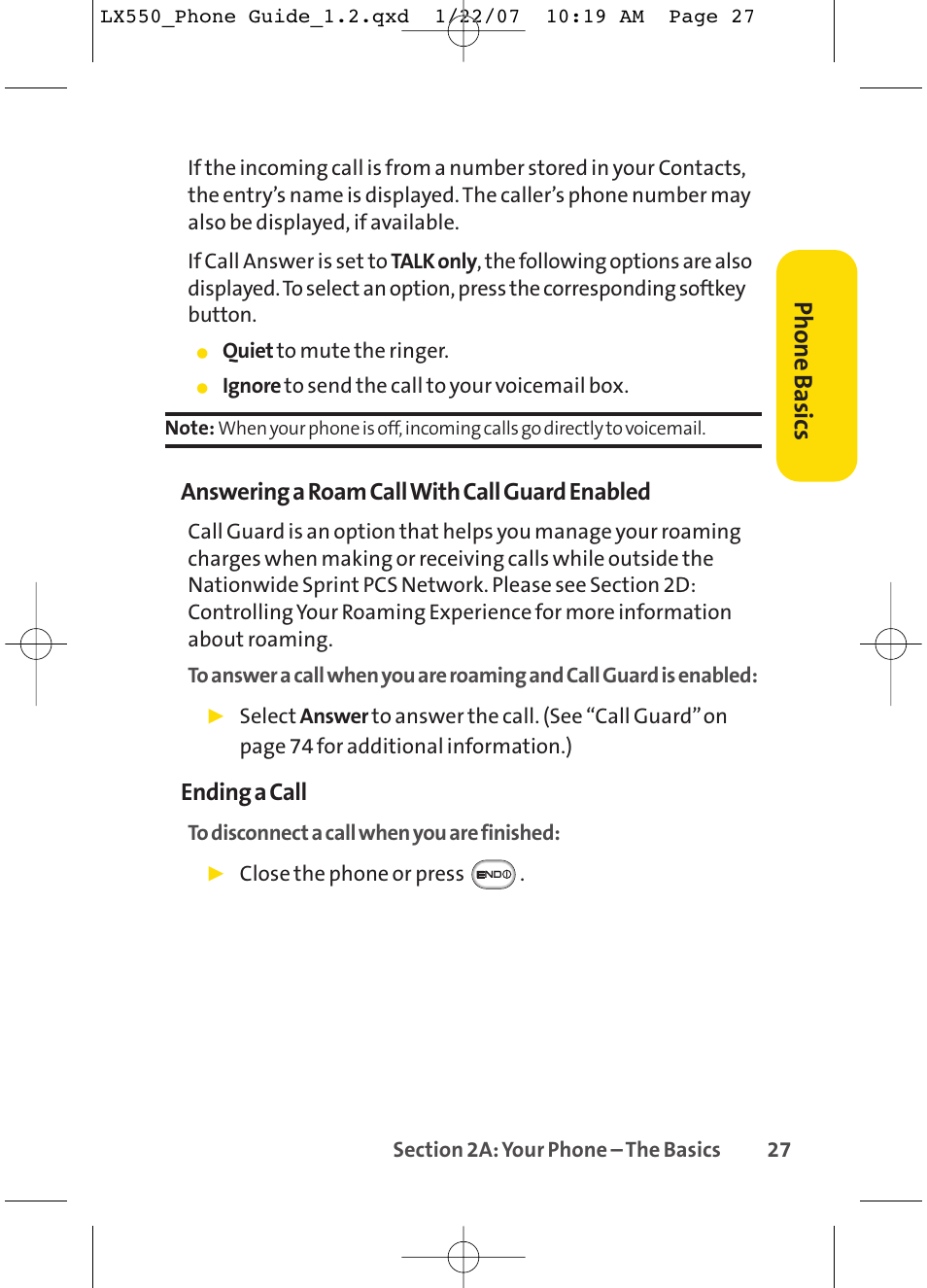 Phone basics, Answering a roam call with call guard enabled, Ending a call | LG LX550 User Manual | Page 41 / 194