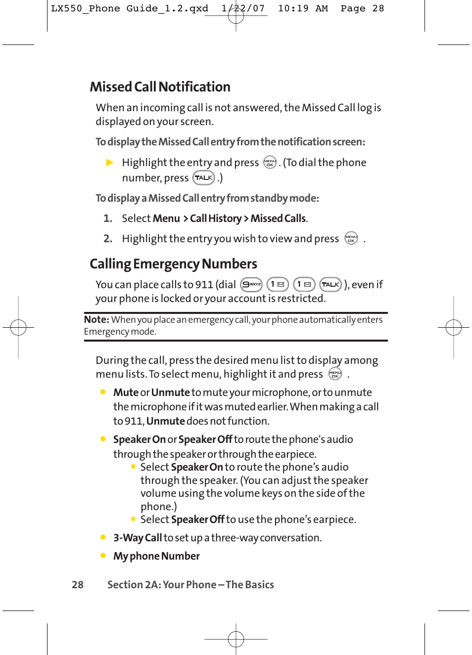 Missed call notification, Calling emergency numbers | LG LX550 User Manual | Page 42 / 194