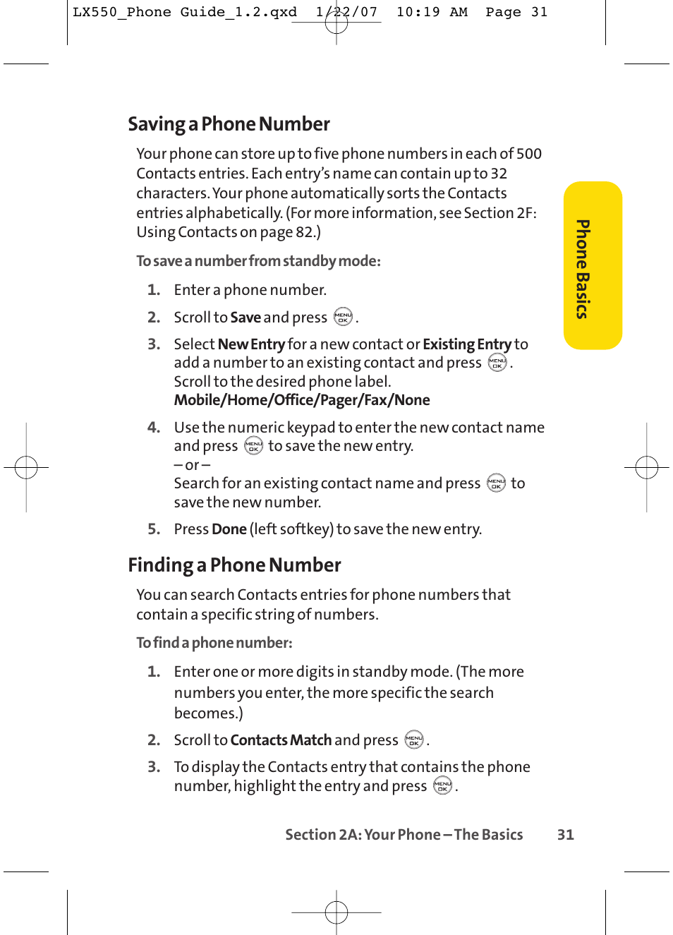 Saving a phone number, Finding a phone number | LG LX550 User Manual | Page 45 / 194