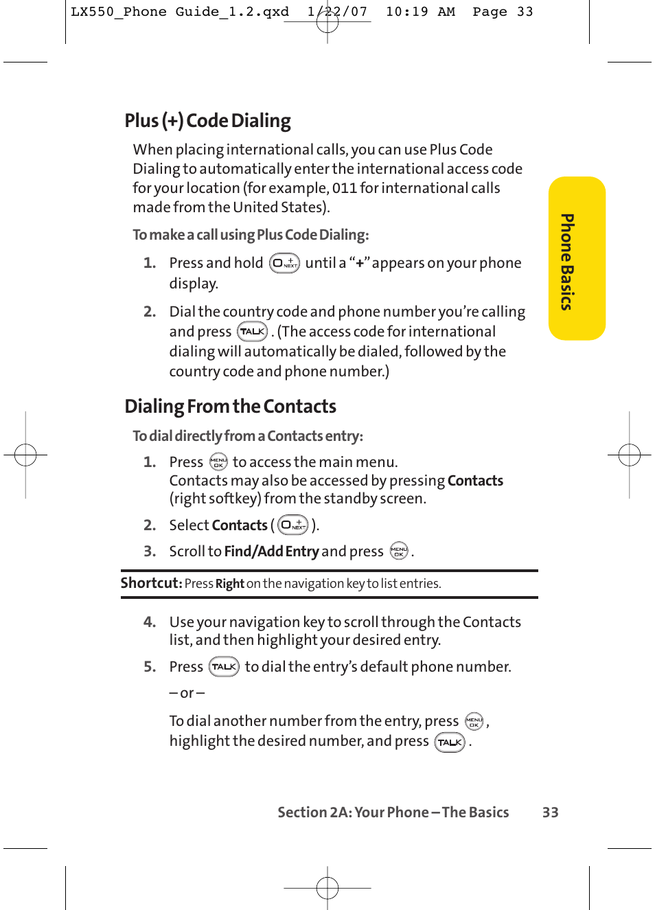 Plus (+) code dialing, Dialing from the contacts, Phone basics | LG LX550 User Manual | Page 47 / 194