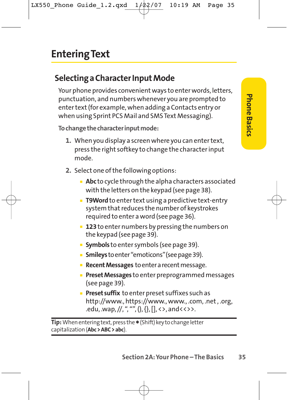 Entering text, Selecting a character input mode, Phone basics | LG LX550 User Manual | Page 49 / 194
