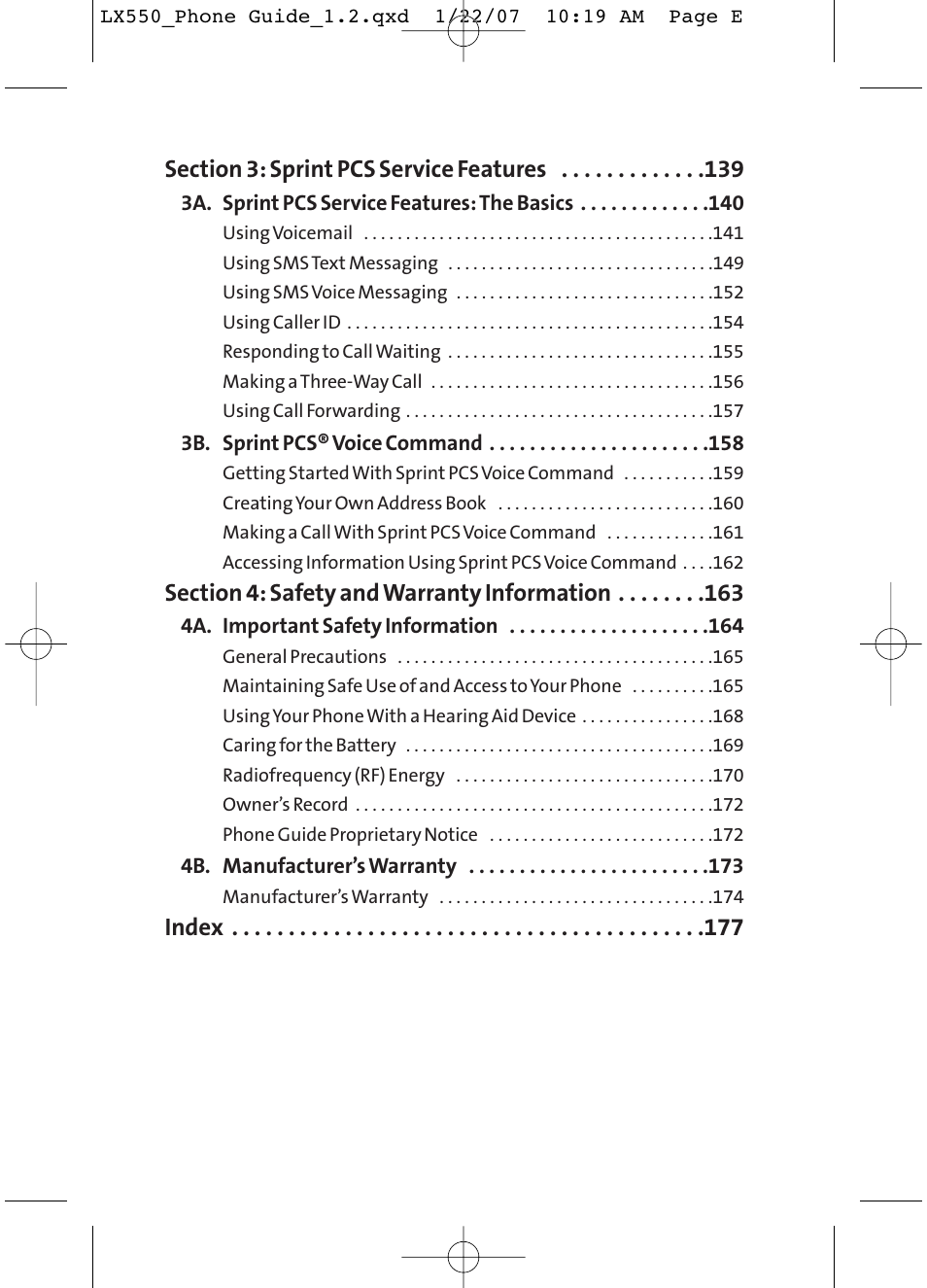 Index | LG LX550 User Manual | Page 5 / 194