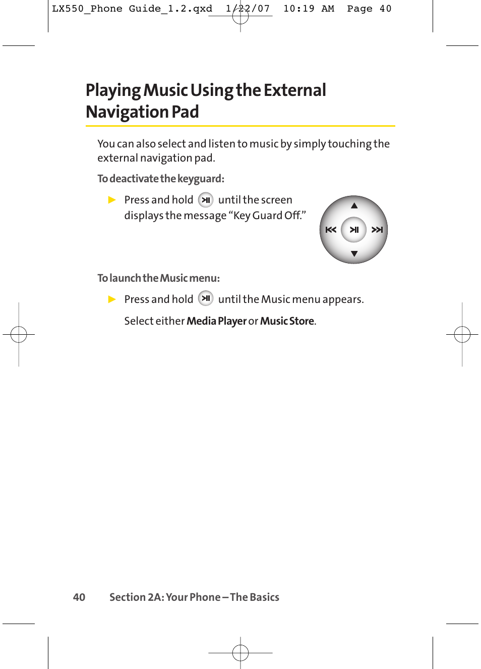 Playing music using the external navigation pad | LG LX550 User Manual | Page 54 / 194