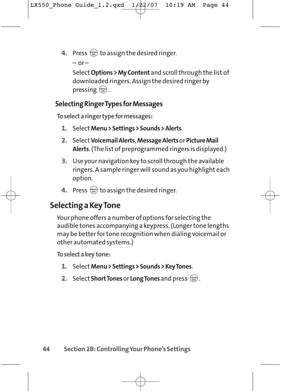 Selecting a key tone | LG LX550 User Manual | Page 58 / 194