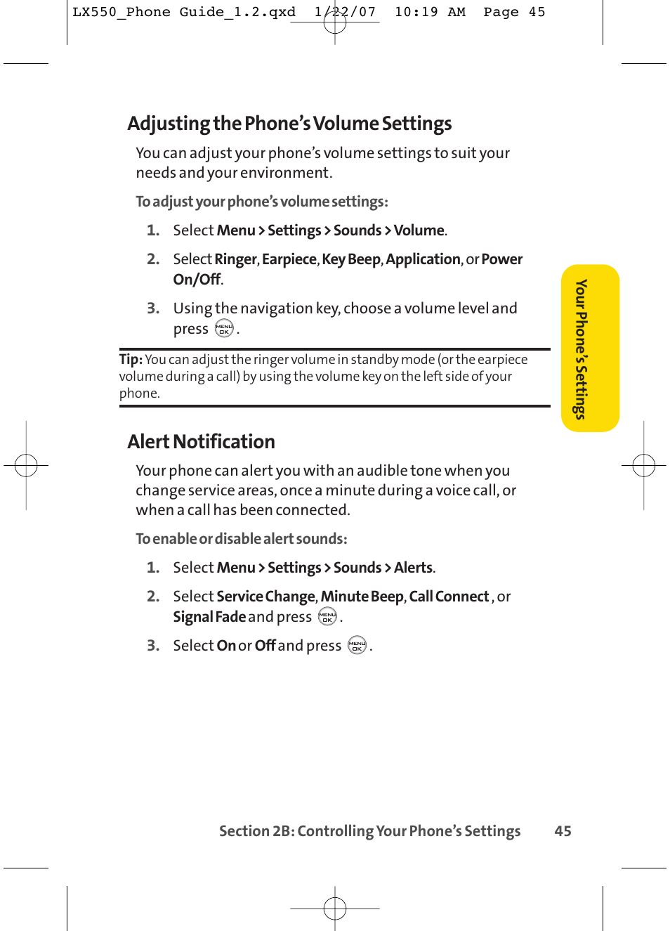 Adjusting the phone’s volume settings, Alert notification | LG LX550 User Manual | Page 59 / 194