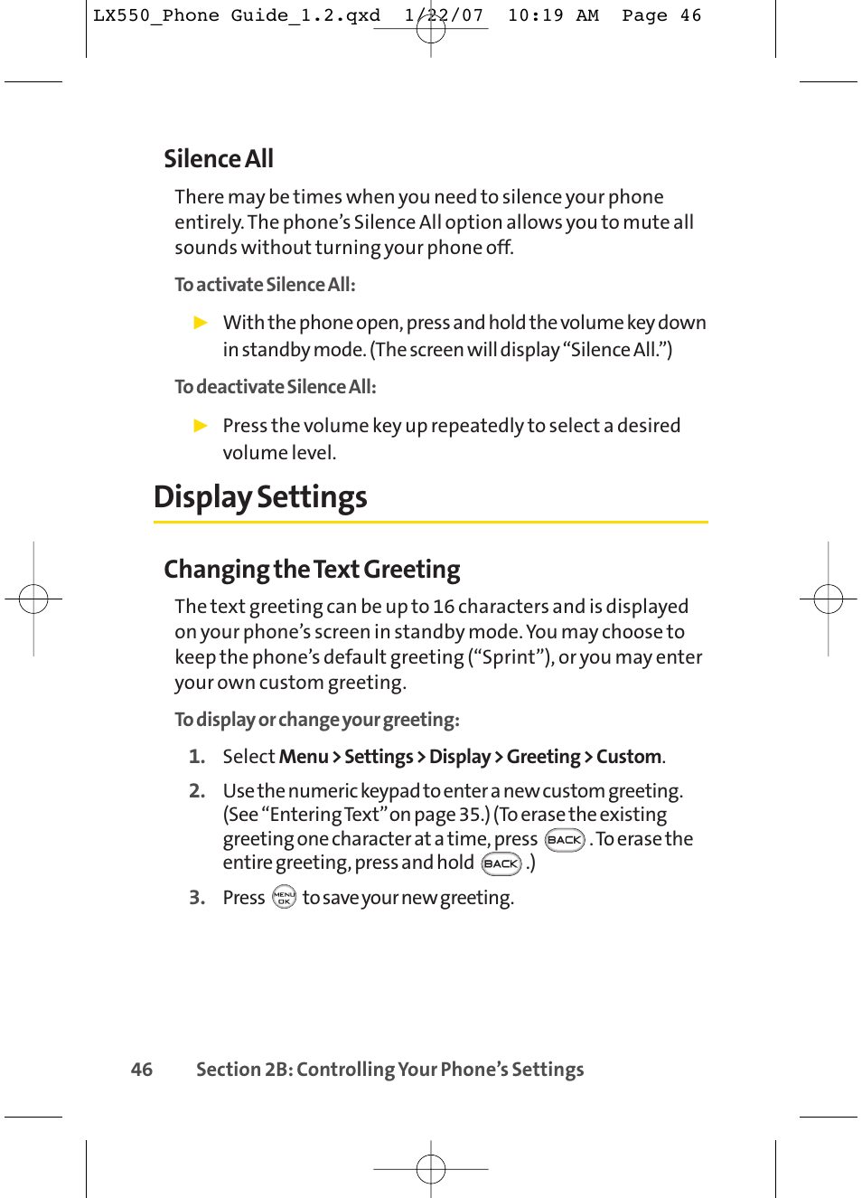 Display settings, Silence all, Changing the text greeting | LG LX550 User Manual | Page 60 / 194