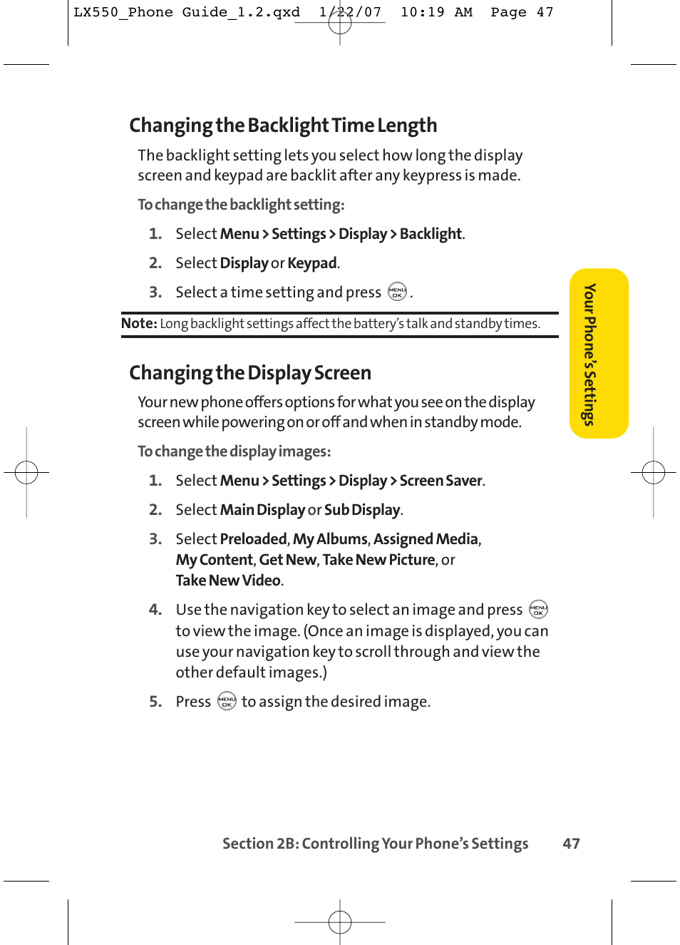 Changing the backlighttime length, Changing the display screen | LG LX550 User Manual | Page 61 / 194