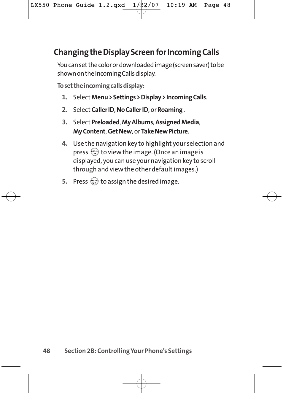 Changing the display screen for incoming calls | LG LX550 User Manual | Page 62 / 194