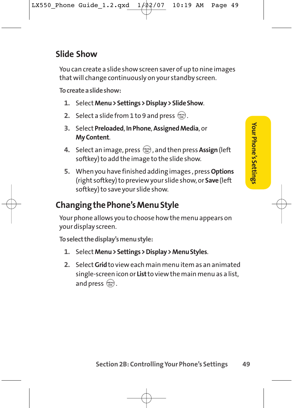 Slide show, Changing the phone’s menu style | LG LX550 User Manual | Page 63 / 194