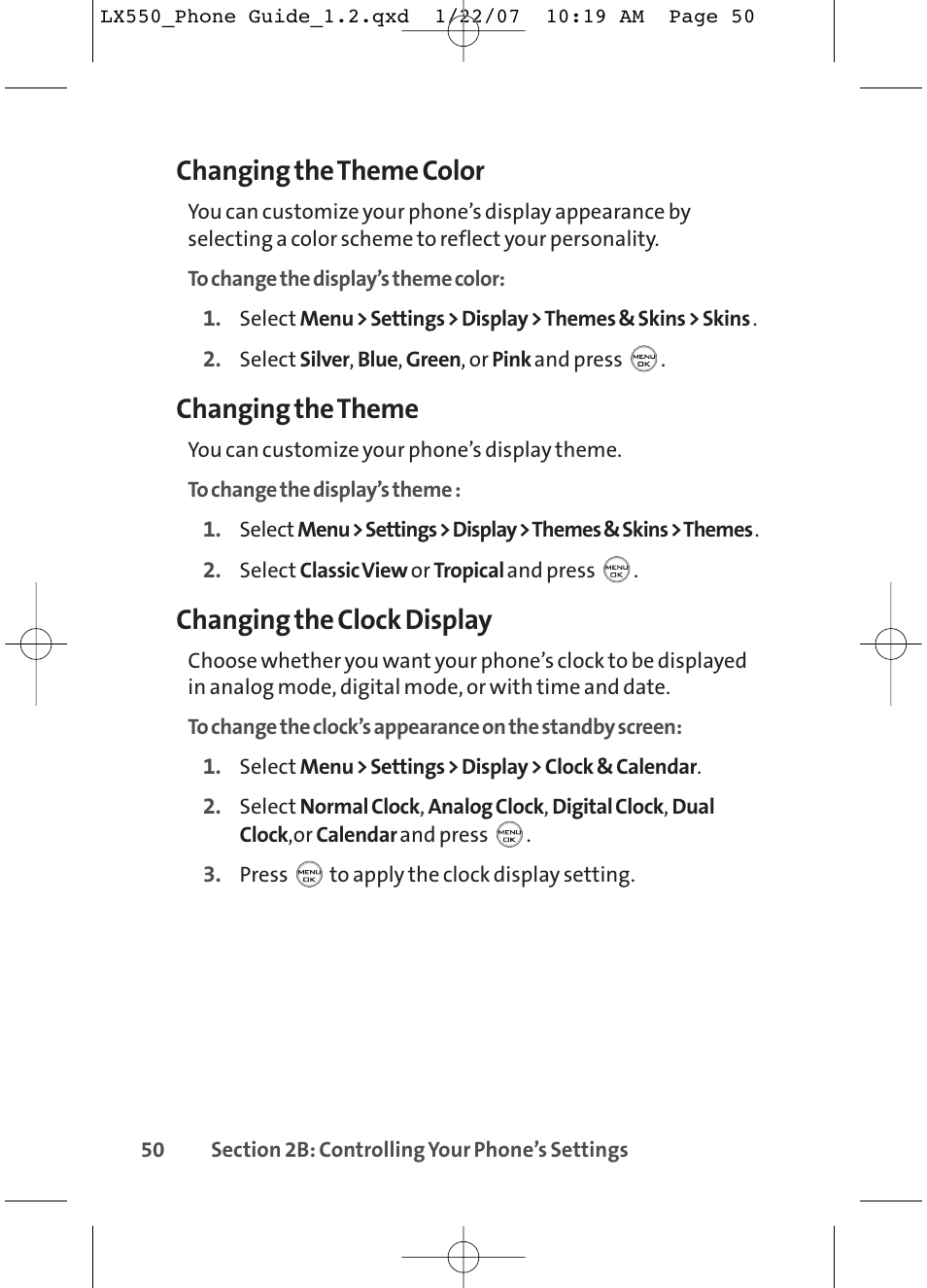 Changing the theme color, Changing the theme, Changing the clock display | LG LX550 User Manual | Page 64 / 194