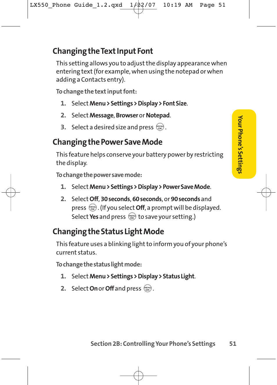 Changing the text input font, Changing the power save mode, Changing the status light mode | LG LX550 User Manual | Page 65 / 194