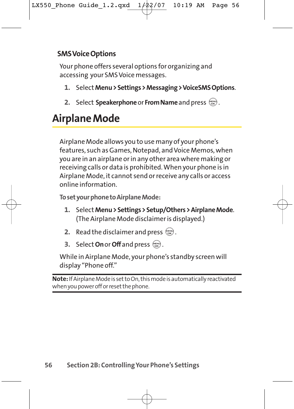 Airplane mode | LG LX550 User Manual | Page 70 / 194