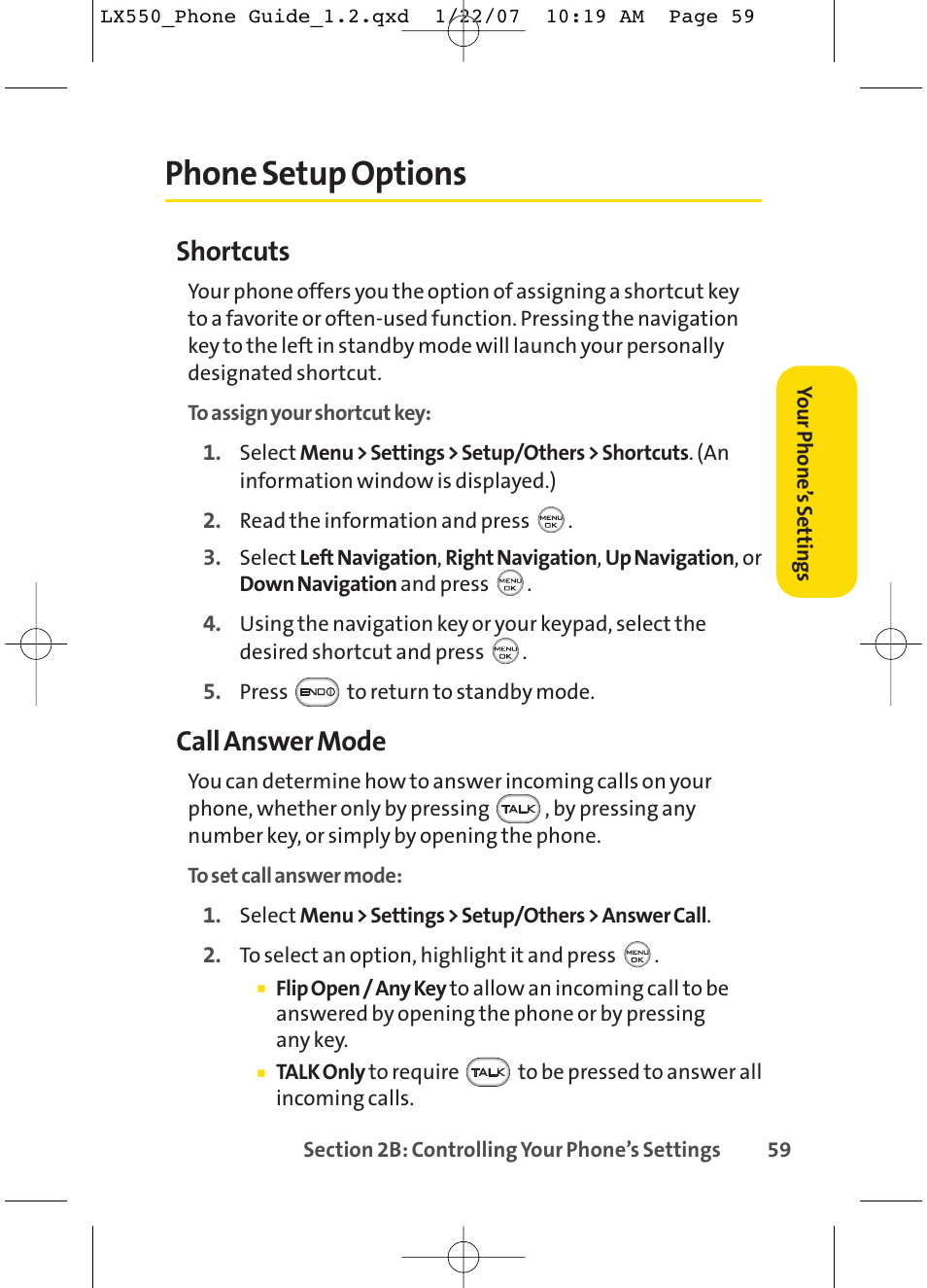 Phone setup options, Shortcuts, Call answer mode | LG LX550 User Manual | Page 73 / 194