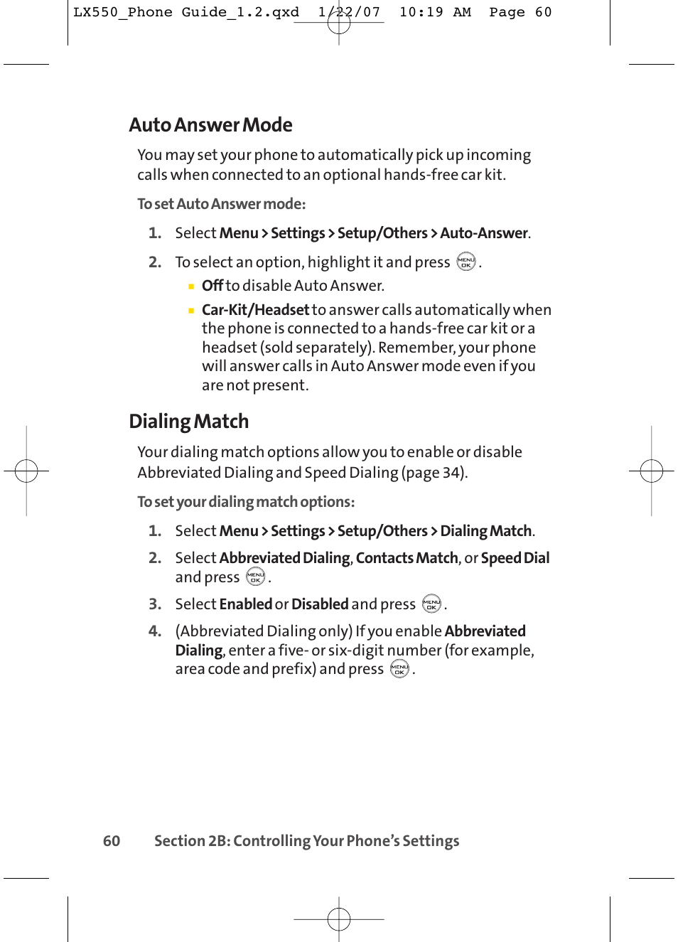 Auto answer mode, Dialing match | LG LX550 User Manual | Page 74 / 194