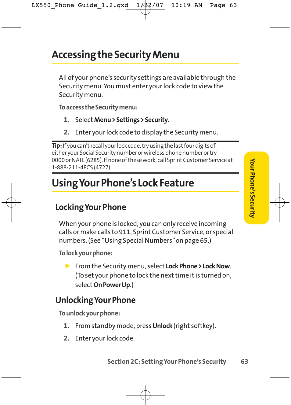 Accessing the security menu, Using your phone’s lock feature, Locking your phone | Unlocking your phone | LG LX550 User Manual | Page 77 / 194