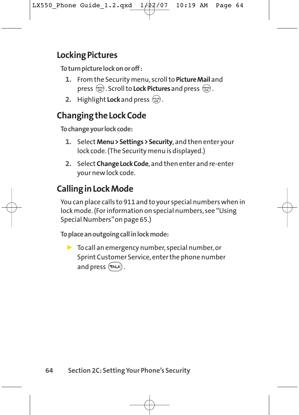 Locking pictures, Changing the lock code, Calling in lock mode | LG LX550 User Manual | Page 78 / 194