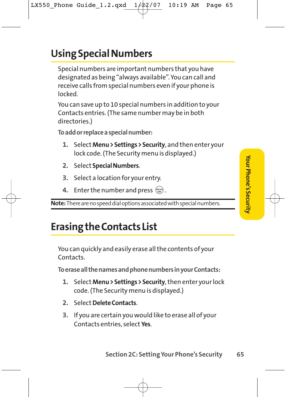 Using special numbers, Erasing the contacts list | LG LX550 User Manual | Page 79 / 194