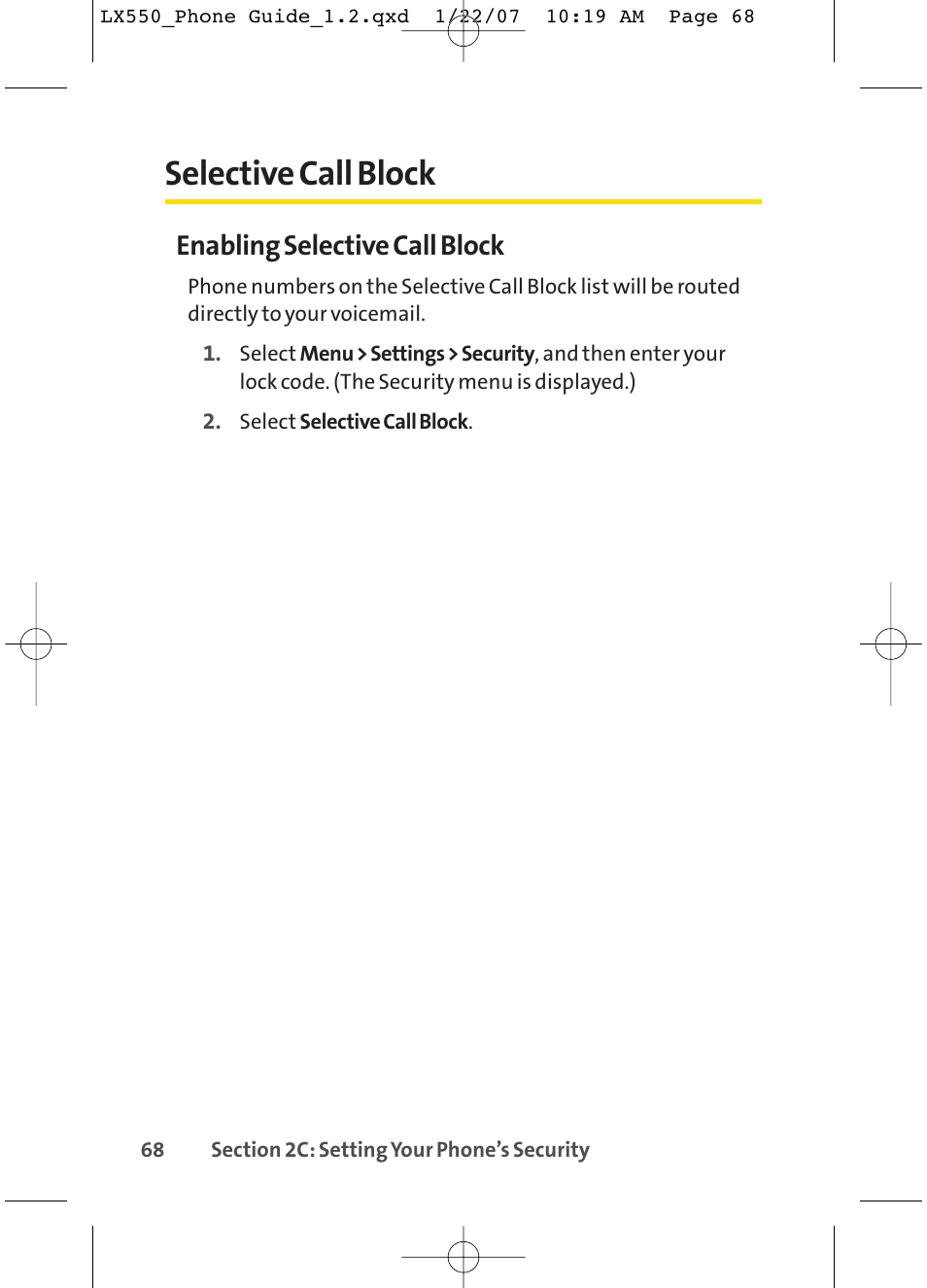 Selective call block, Enabling selective call block | LG LX550 User Manual | Page 82 / 194