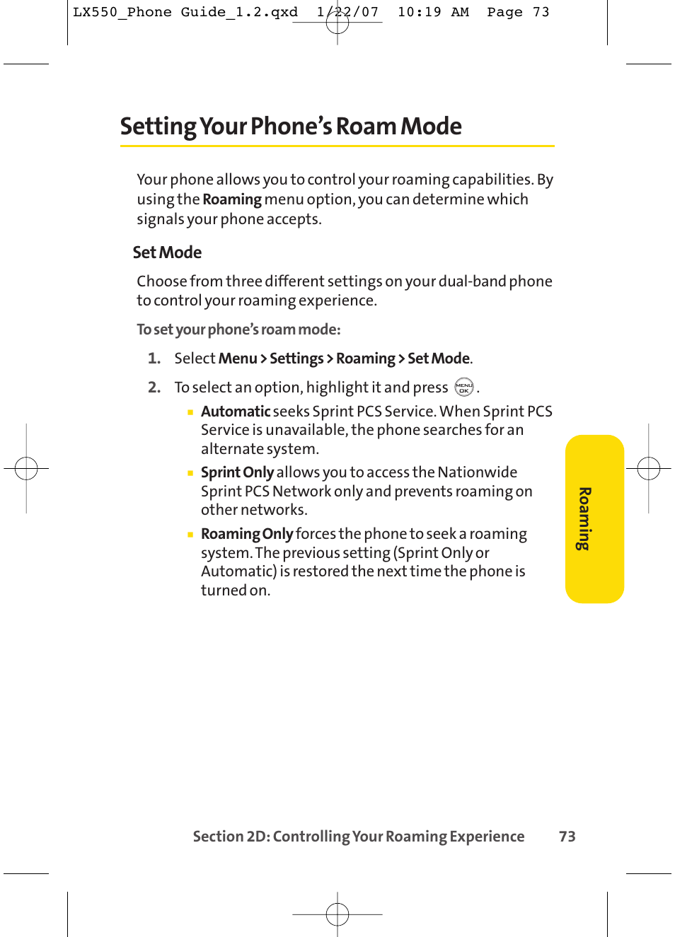 Setting your phone’s roam mode | LG LX550 User Manual | Page 87 / 194