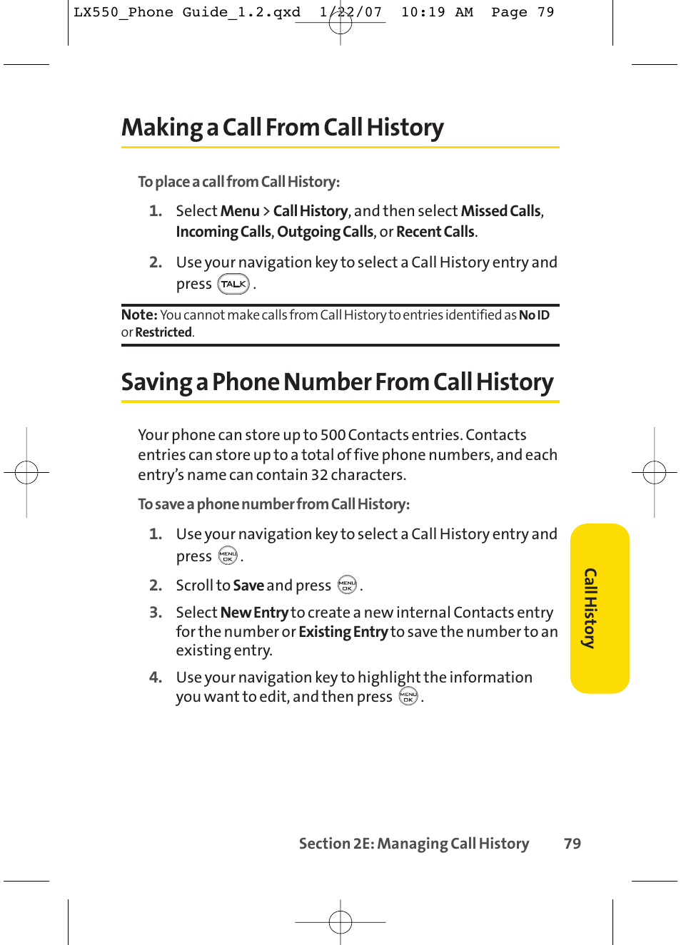 Making a call from call history, Saving a phone number from call history | LG LX550 User Manual | Page 93 / 194